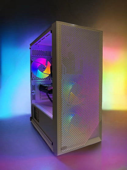 PC Gaming BUENO LUCKY V1 White Edition, carcasă PCCOOLER albă cu panou din sticlă securizată și ventilator RGB vizibil, design modern pentru eSports.