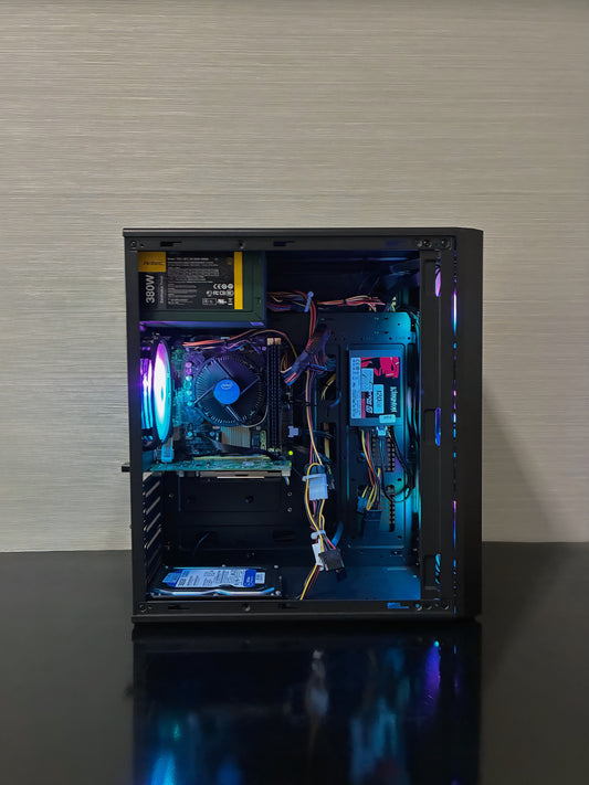 Interiorul PC-ului BUENO SUMMER V3, prezentând procesorul Intel Xeon, placa video AMD Radeon RX 550 și sistemul de cabluri ordonat pentru o ventilație optimă.