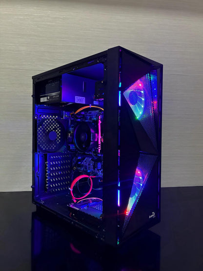 Sistem de răcire PC Bueno Elite V2 cu ventilator Cooler Master și ventilator Aerocool RGB în carcasă de gaming.