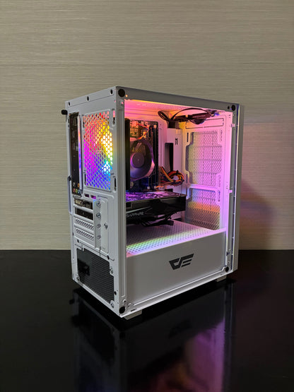Plan apropiat ce evidențiază sistemul eficient de răcire al PC-ului: fluxul de aer optimizat prin panoul frontal mesh, evacuat prin ventilatorul spate DarkFlash RGB, alături de racirea silențioasă cu două ventilatoare a plăcii video Sapphire RX 460.