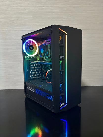 PC Gaming BUENO ENTRY V1 cu procesor Intel i5, 16 GB RAM și placă video AMD Radeon Pro WX 2100 în carcasă cu iluminare RGB