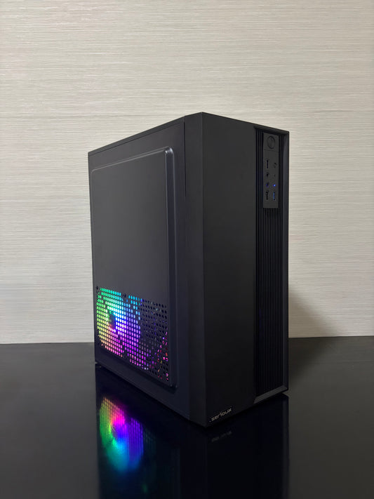 PC Gaming BUENO FUN V2 cu procesor Intel i5-3450, 16GB RAM și placă video AMD Radeon Pro WX 2100 în carcasă Serioux cu ventilator rgb.