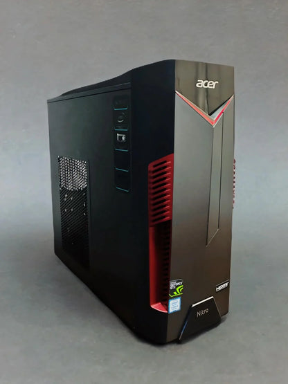 Acer Nitro gaming desktop tower with Nvidia GeForce GTX and Intel Core i5 badges