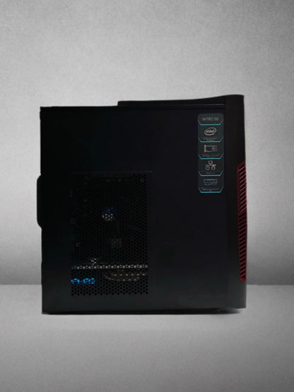 Refurbished Acer Nitro 50 gaming PC with Intel processor, side panel view, on gray background