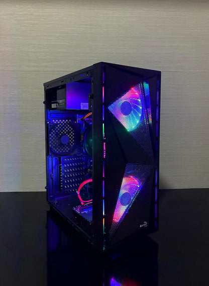 PC Gaming Bueno Elite V3 cu procesor AMD Ryzen 5 5600G, 16GB RAM DDR4 și carcasă iluminată Aerocool Rift RGB.