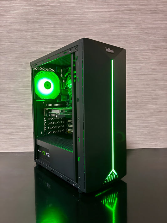 PC Gaming Bueno Smart V3 în carcasă nJoy Anil, design modern cu iluminare RGB reglabilă din buton.