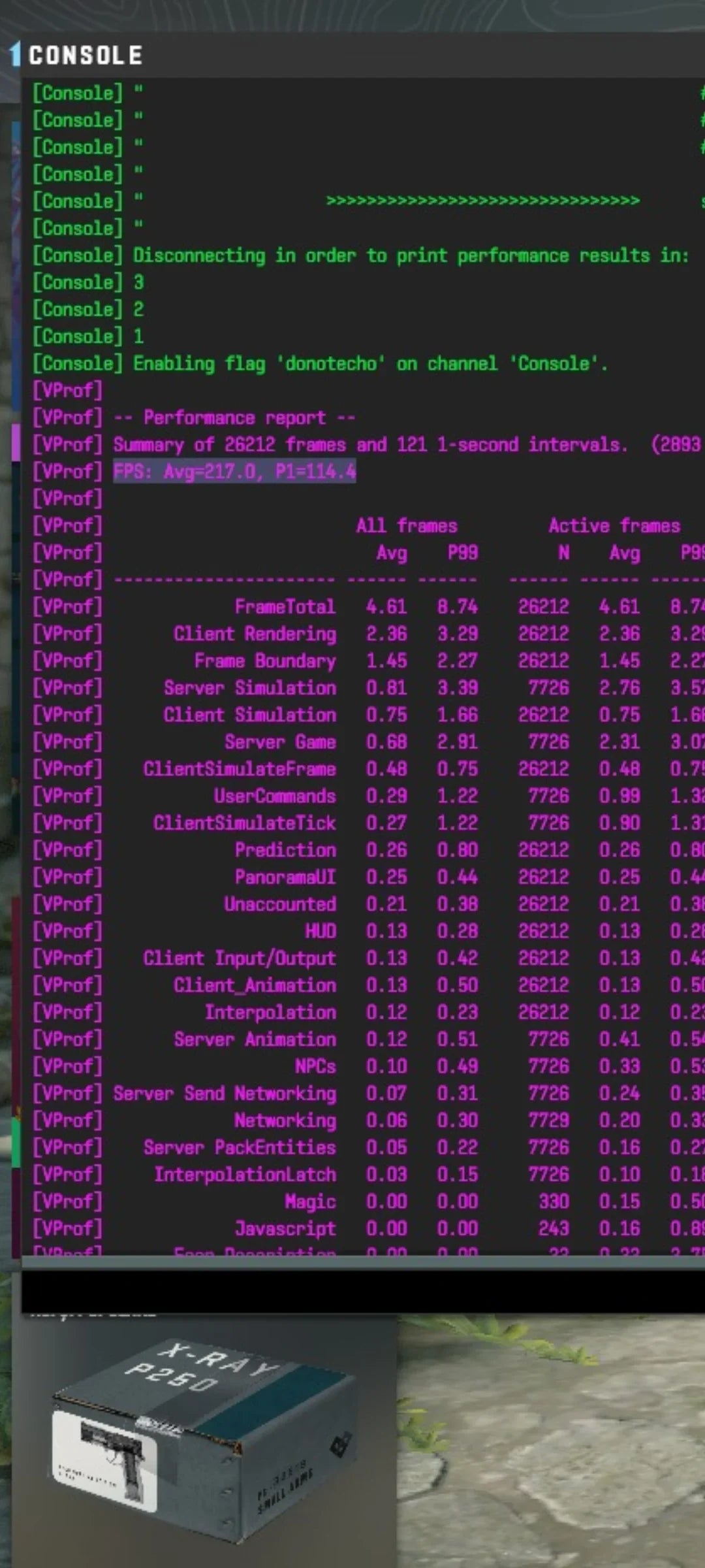 Gaming PC FPS performance test console output with X-RAY P250 case from a video game