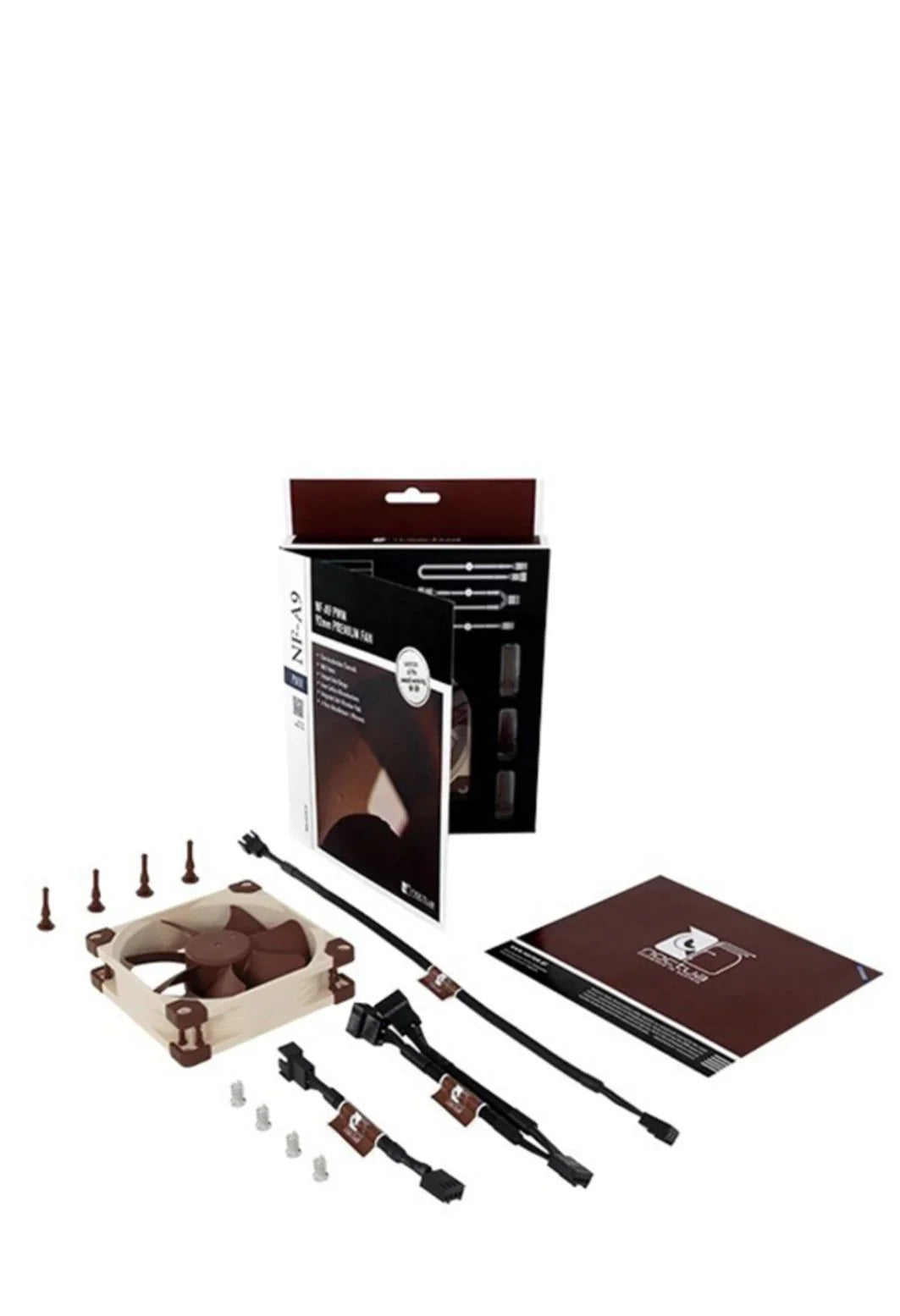 PC cooling fan kit with mounting screws, cables, and user manual displayed on white background